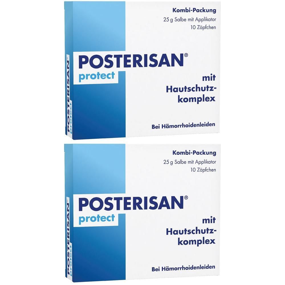 Zwei Packungen mit weißer Schrift und blauem Logo. Aufschrift: POSTERISAN protect, Hautschutz-komplex. Kombi-Packung, 25 g Salbe, 10 Zäpfchen.