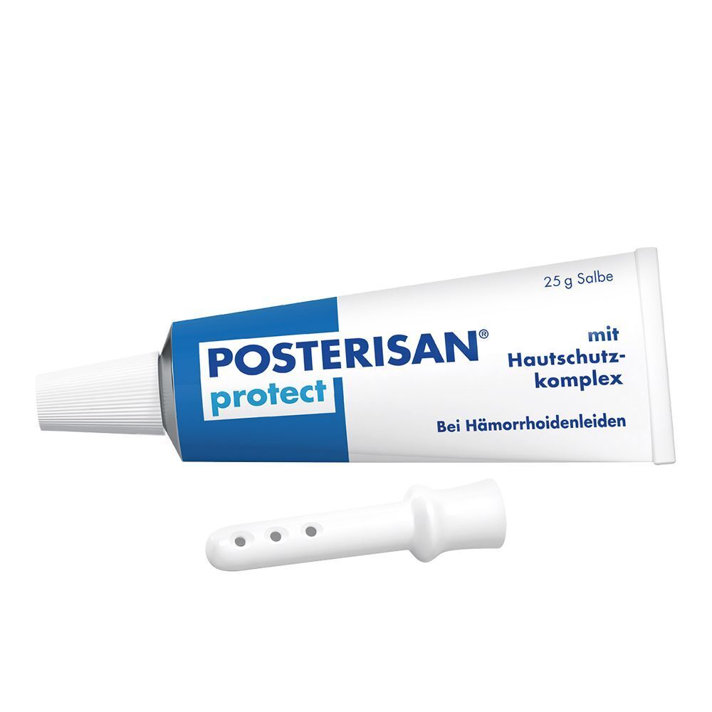 Tube mit weißer Schrift und blauem Logo. Aufschrift: POSTERISAN protect, Hautschutz-komplex. 25 g Salbe. Daneben ein weißer Applikator.