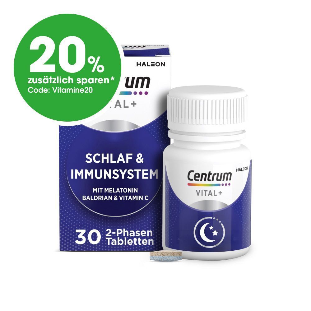 Centrum Vital+ Schlaf & Immunsystem Tabletten, Flasche und Packung. Aufschrift: 30 Tabletten, mit Melatonin, Baldrian & Vitamin C. 20% Rabatt.