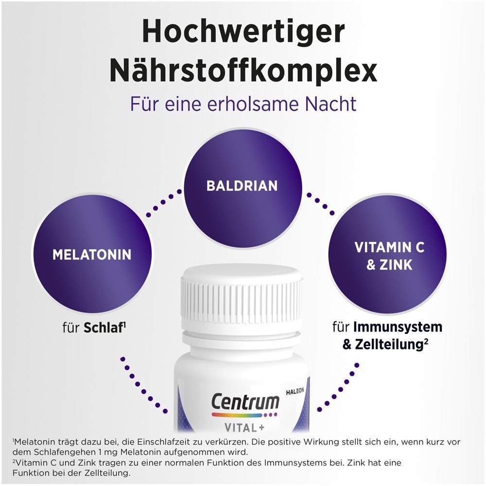 Grafik mit Melatonin, Baldrian, Vitamin C & Zink. Centrum Vital+ Flasche. Text: Hochwertiger Nährstoffkomplex. Für eine erholsame Nacht.