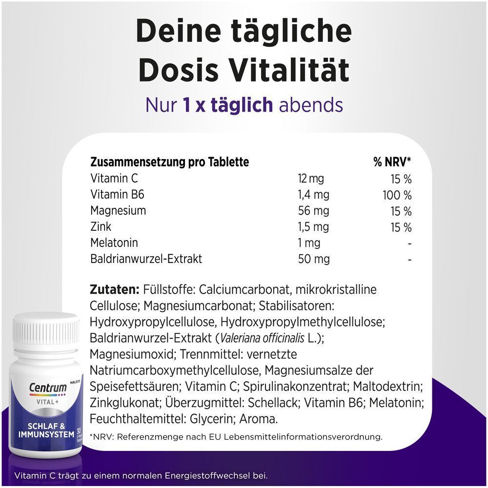 Tabelle mit Inhaltsstoffen pro Tablette: Vitamin C, B6, Magnesium, Zink, Melatonin, Baldrian. Flasche Centrum Vital+. Text: Deine tägliche Dosis Vitalität.