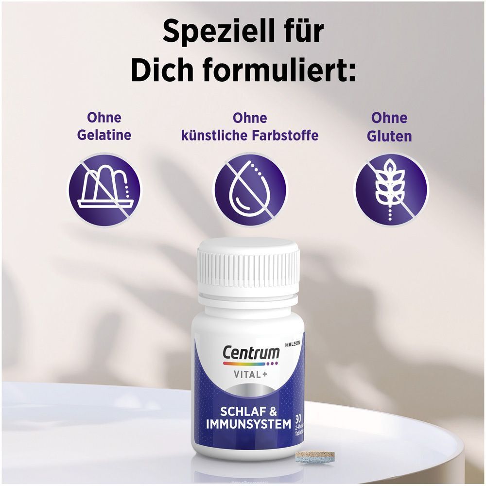Flasche Centrum Vital+ Schlaf & Immunsystem Tabletten. Grafik: Ohne Gelatine, künstliche Farbstoffe, Gluten. Text: Speziell für Dich formuliert.