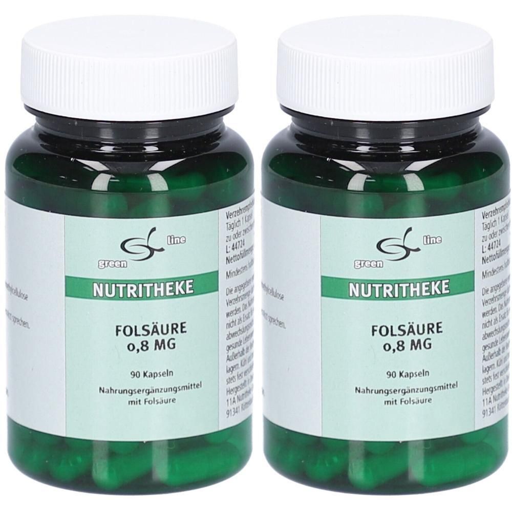 Zwei grüne Flaschen mit weißen Deckeln. Auf den Etiketten steht "green Nutritheke Folsäure 0,8 MG". Jede Flasche enthält 90 Kapseln.