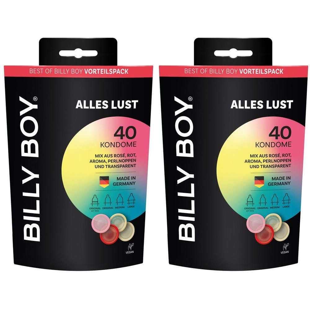 Zwei Packungen BILLY BOY Kondome. Schwarze Verpackung mit Aufschrift ALLES LUST und 40 Kondomen. Hergestellt in Deutschland.