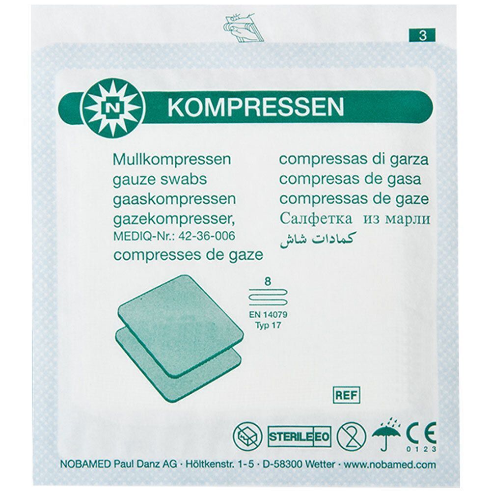 Verpackung mit Kompressen. Aufschrift: KOMPRESSEN, Mullkompressen, 8-fach. Logo: NOBAMED. Mit CE-Kennzeichnung.