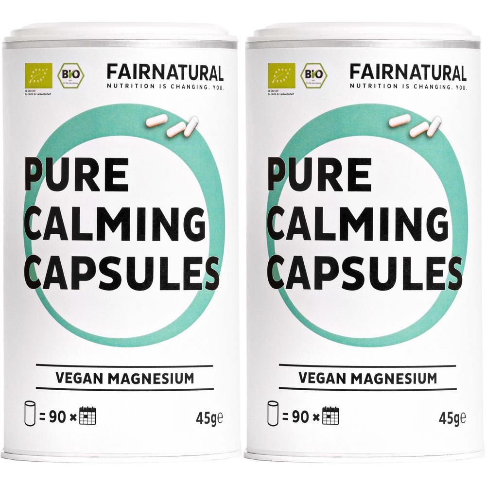 Zwei Dosen FAIRNATURAL Pure Calming Capsules, veganes Magnesium, 90 Kapseln pro Dose.