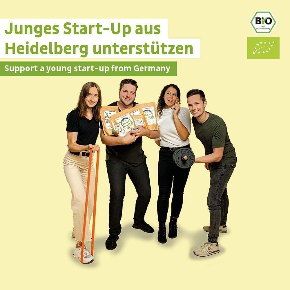 Vier junge Leute halten Produkte, eine Person hebt Hantel, eine andere Band.
