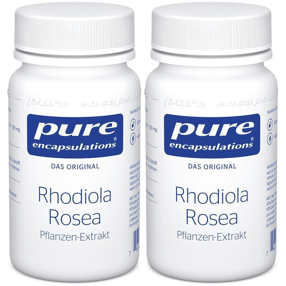 Zwei weiße Flaschen mit Schraubverschluss. Aufschrift: "pure encapsulations", "Rhodiola Rosea Pflanzen-Extrakt".
