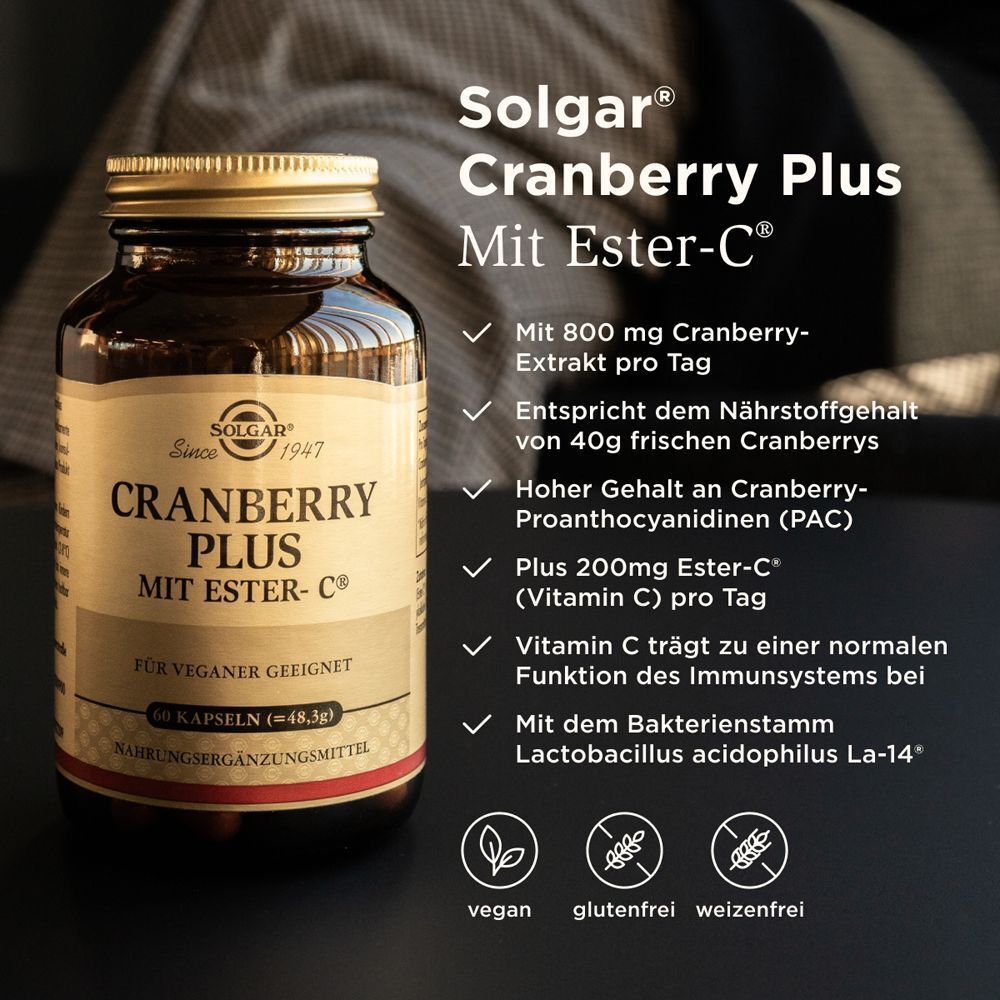 Eine Flasche mit "Cranberry Plus mit Ester-C". Text: Cranberry-Extrakt, Vitamin C, vegan, glutenfrei, weizenfrei.