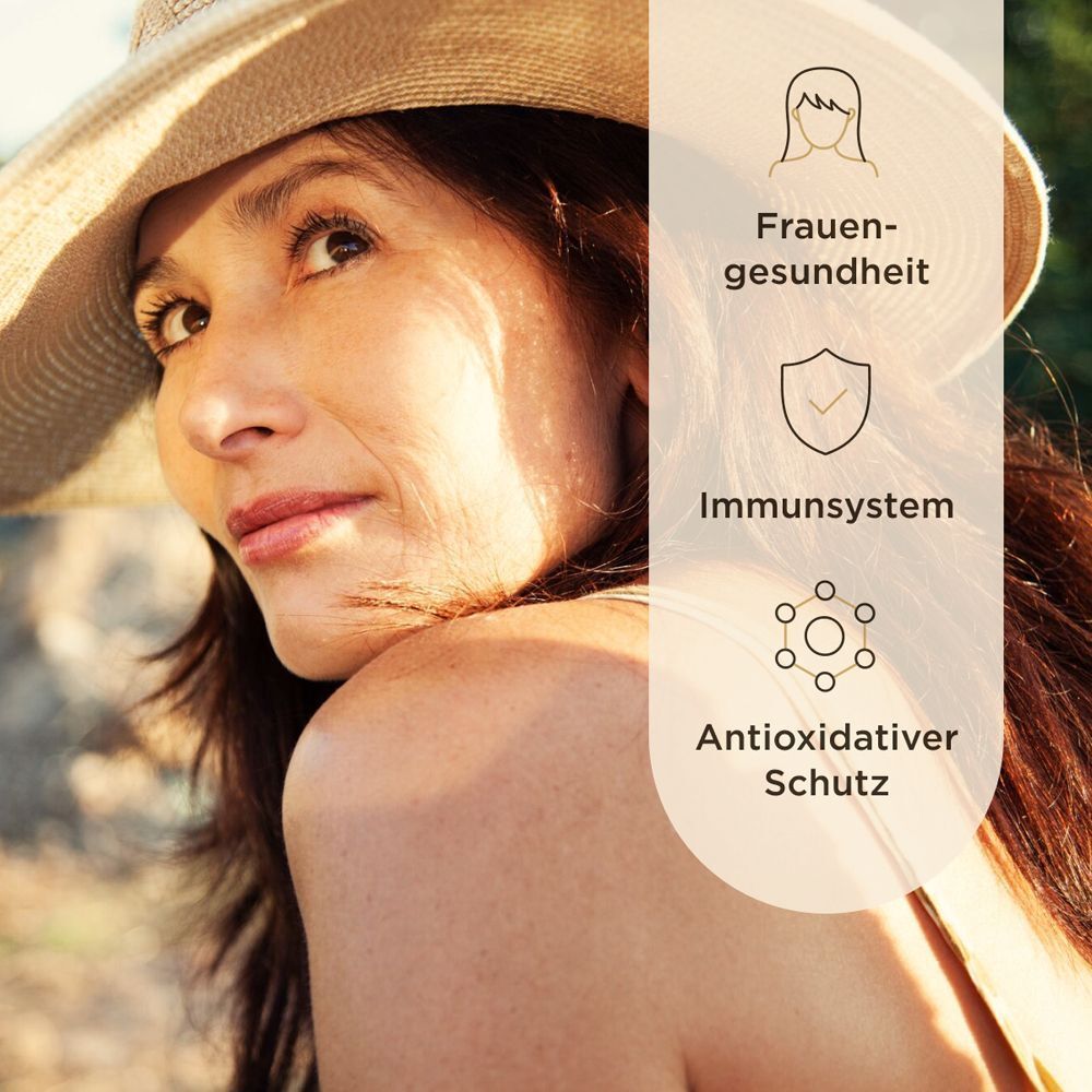 Porträt einer Frau mit Hut. Text: Frauengesundheit, Immunsystem, antioxidativer Schutz.