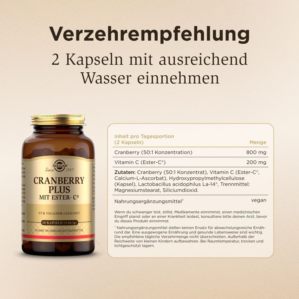 Flasche mit "Cranberry Plus mit Ester-C". Text: Verzehrempfehlung: 2 Kapseln mit Wasser.