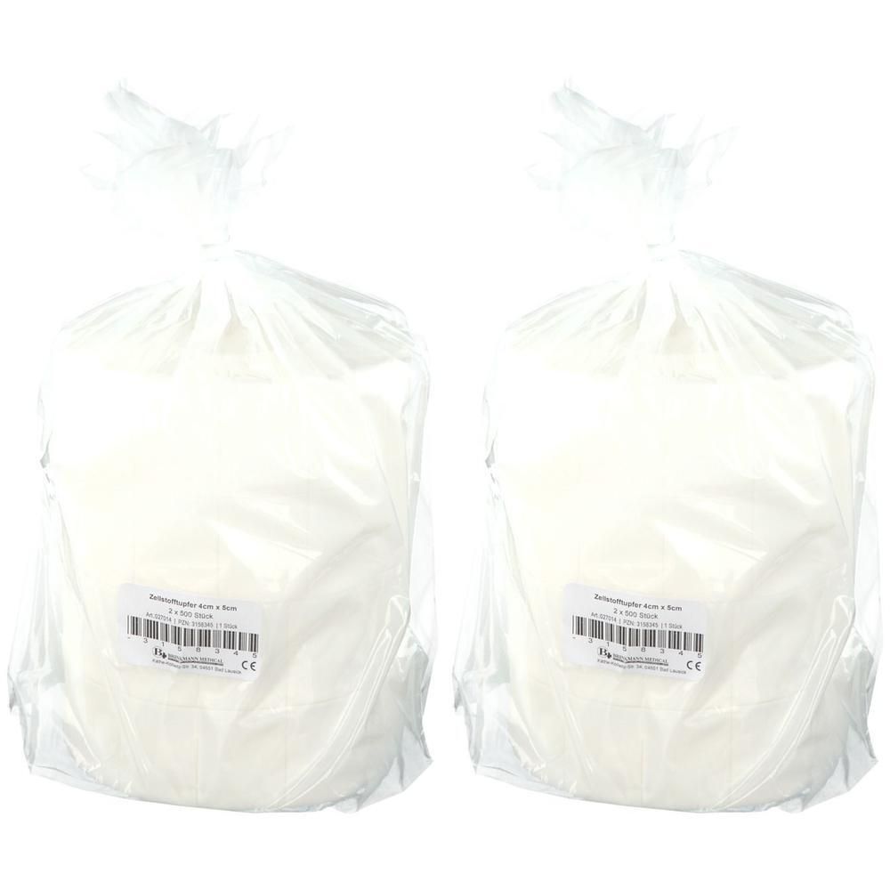 Zwei Beutel mit Zellstofftupfern. Verpackung mit Produktinformationen. CE-Kennzeichnung.