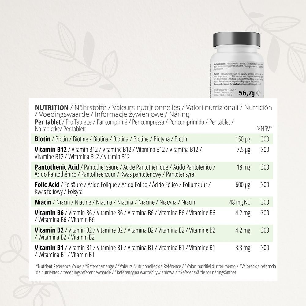 Nährwerttabelle. Enthält Biotin, Vitamin B12, Pantothensäure, Folsäure, Niacin, Vitamin B6, Vitamin B2, Vitamin B1. 56,7g.
