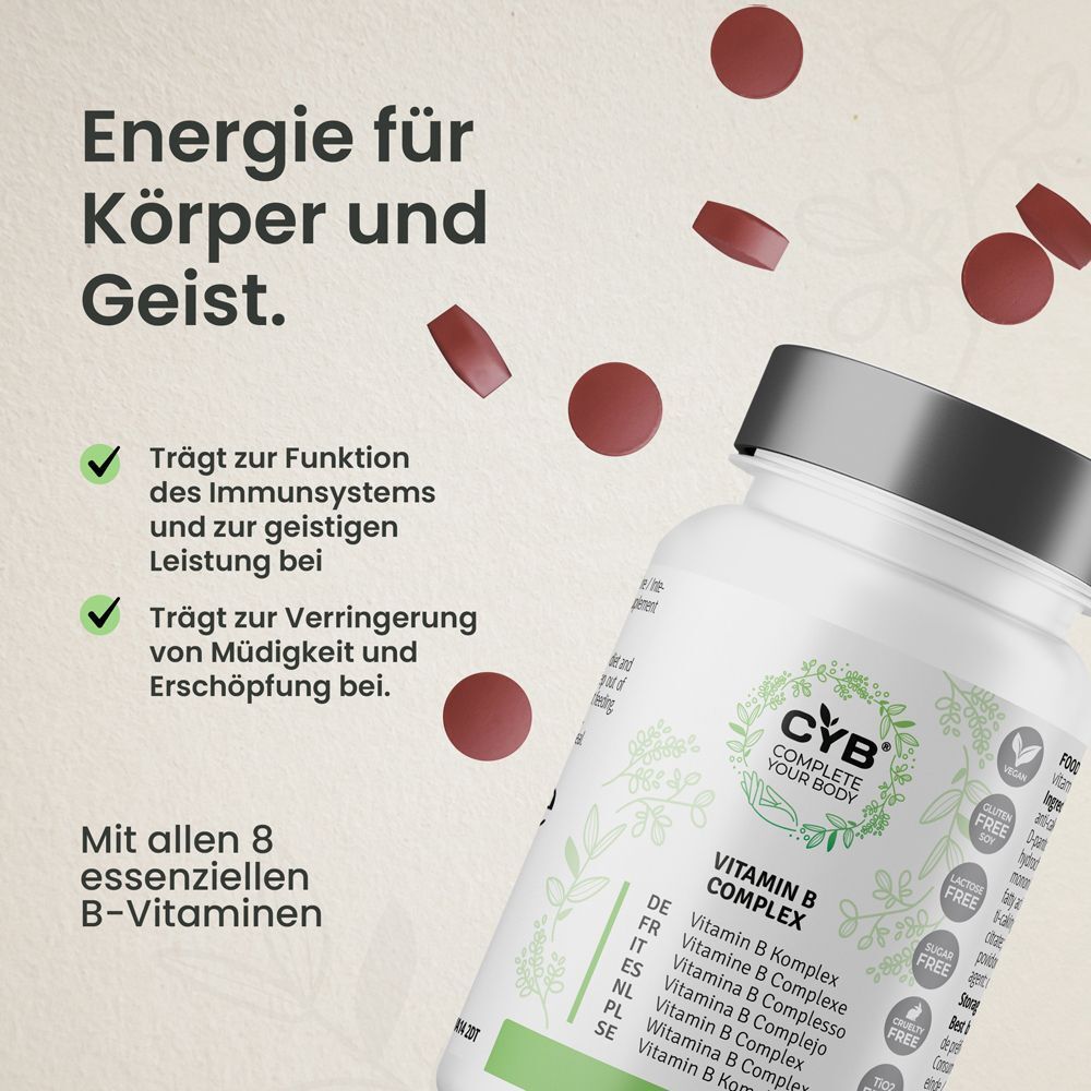 Flasche mit roten Tabletten. Text: Energie für Körper und Geist. Enthält alle 8 essentiellen B-Vitamine. CYB Vitamin B-Komplex. 180 Tabletten.
