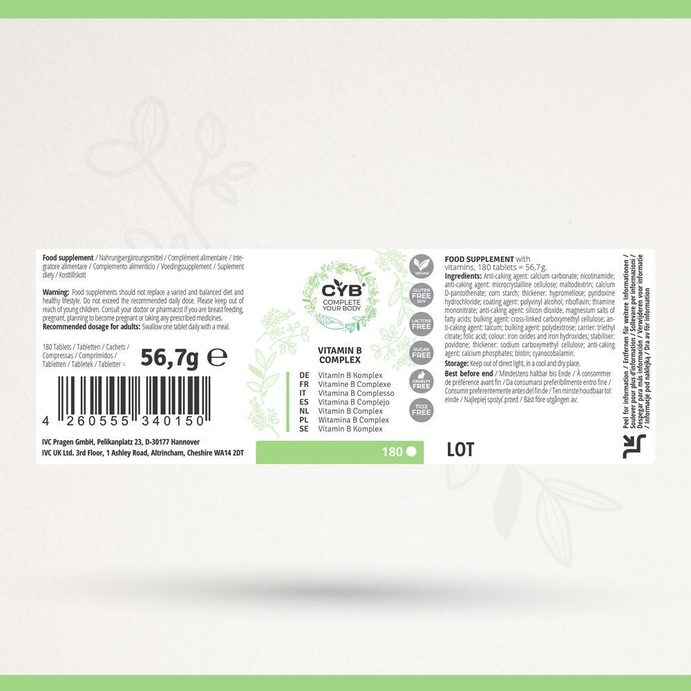 Rückseite der Flasche. Text: Nahrungsergänzungsmittel. Enthält 180 Tabletten. Inhaltsstoffe und Nährwertangaben. 56,7g. Chargennummer.