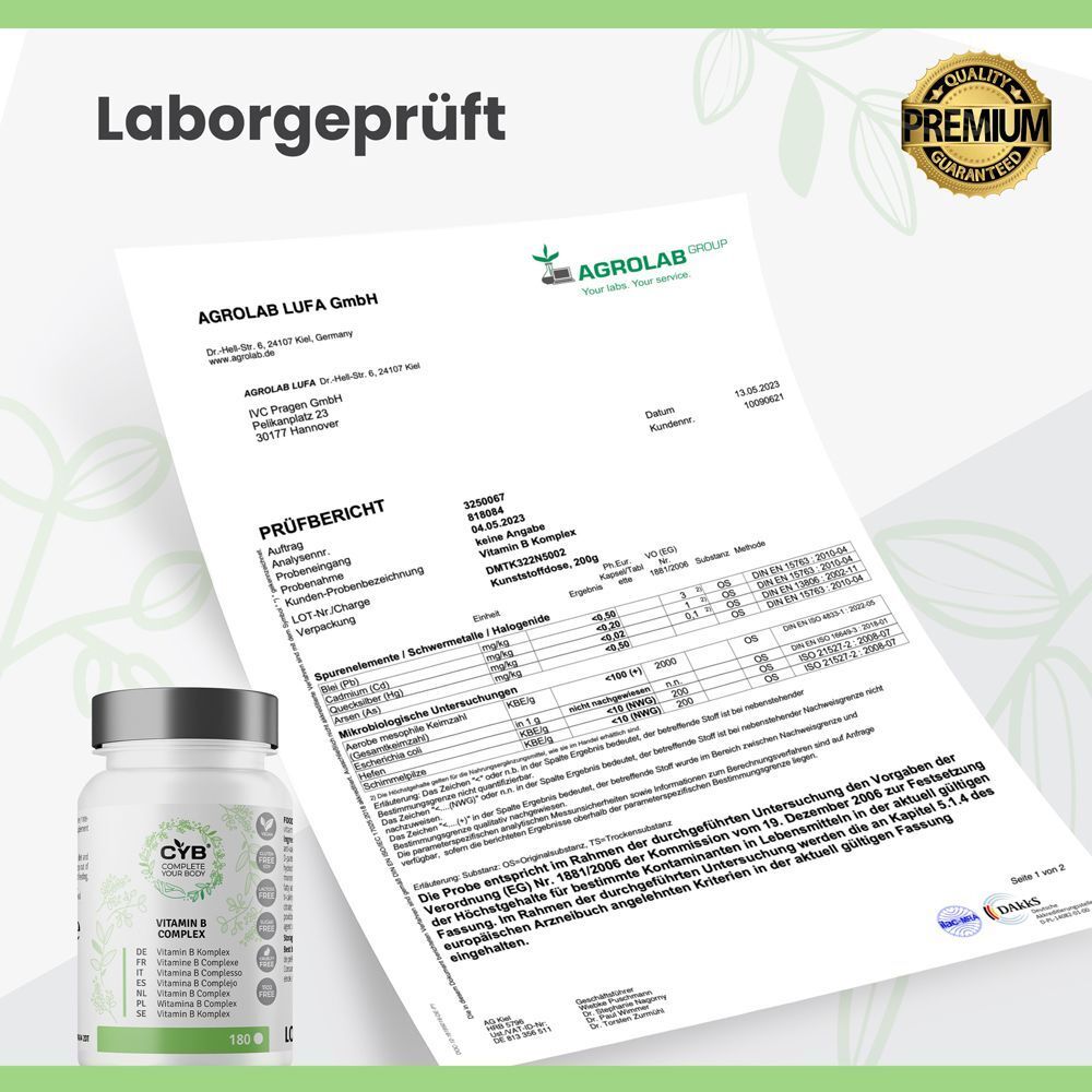 Laborbericht. AGROLAB LUFA GmbH. Analyseergebnisse. Flasche mit CYB Vitamin B-Komplex. Premium-Qualität.