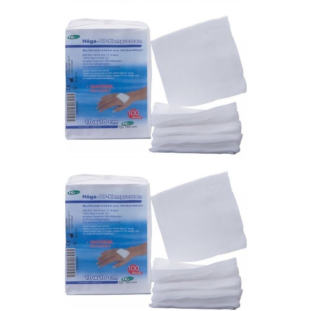 Höga-Kompressen OP 10x10 cm unsteril 8fach 2x 2x100 St Kompressen