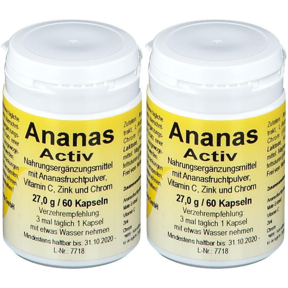 Zwei weiße Kunststoffdosen mit gelben Etiketten. Aufschrift: Ananas Activ, Nahrungsergänzungsmittel. Enthält Vitamin C, Zink und Chrom.
