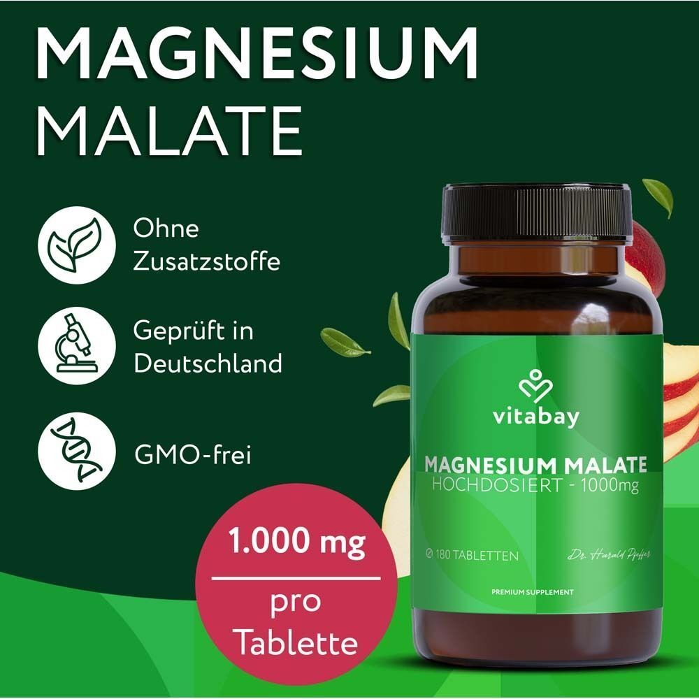 Braune Flasche mit grünem Etikett. Aufschrift: MAGNESIUM MALATE 1000 mg. Zusätzliche Informationen: 1.000 mg pro Tablette.