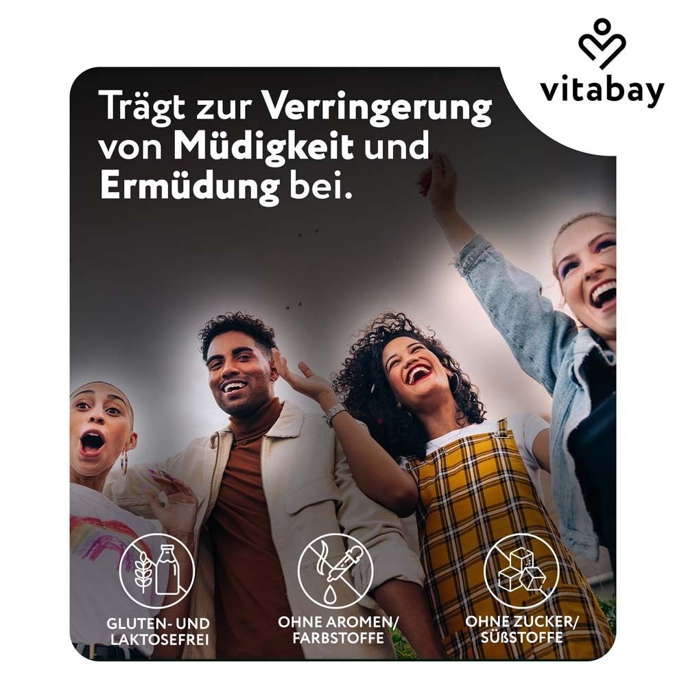 Menschen lachen. Text: Trägt zur Verringerung von Müdigkeit und Ermüdung bei. Gluten- und laktosefrei, ohne Aromen/Farbstoffe, ohne Zucker/Süßstoffe.