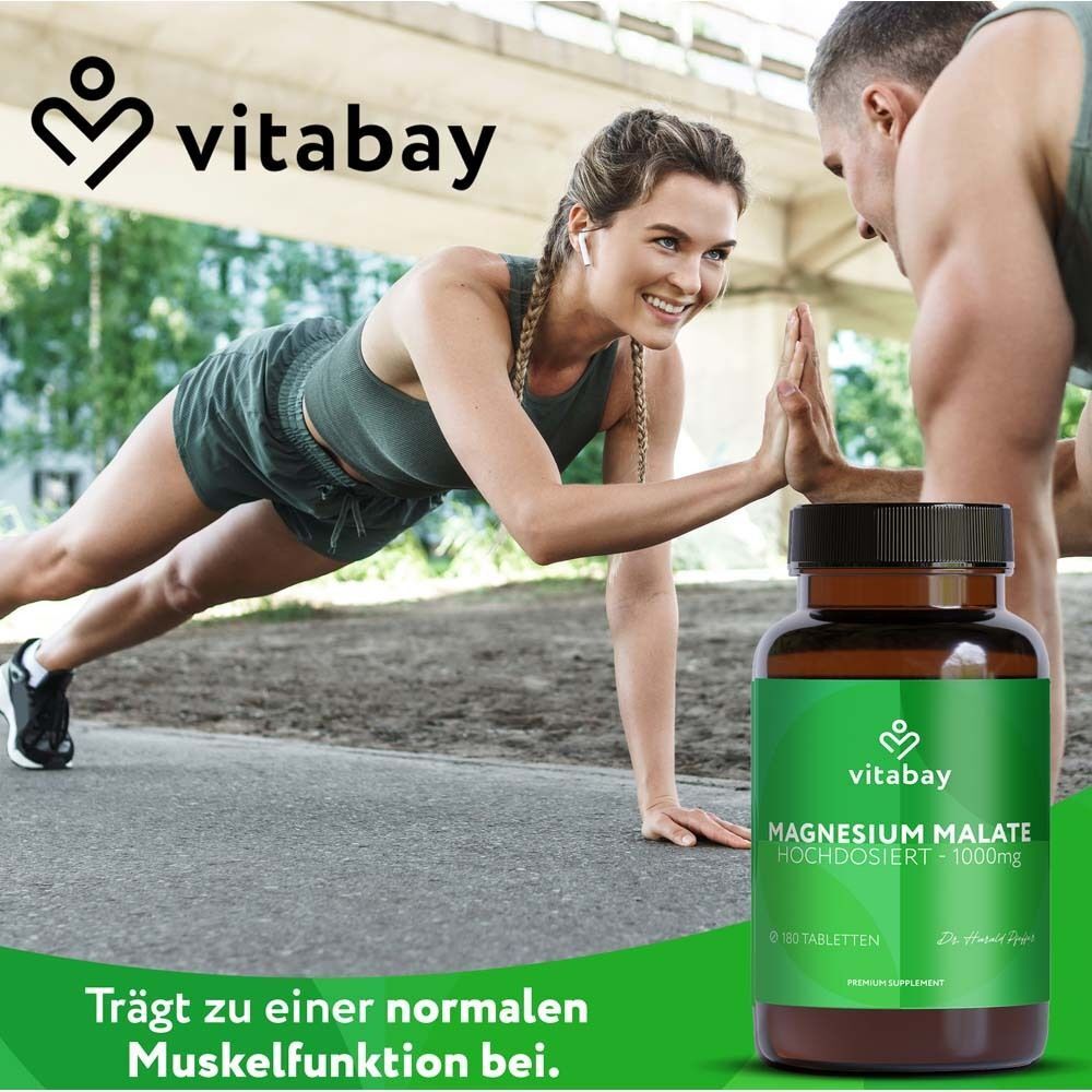 Frau und Mann beim Sport. Aufschrift: MAGNESIUM MALATE 1000 mg. Text: Trägt zu einer normalen Muskelfunktion bei.