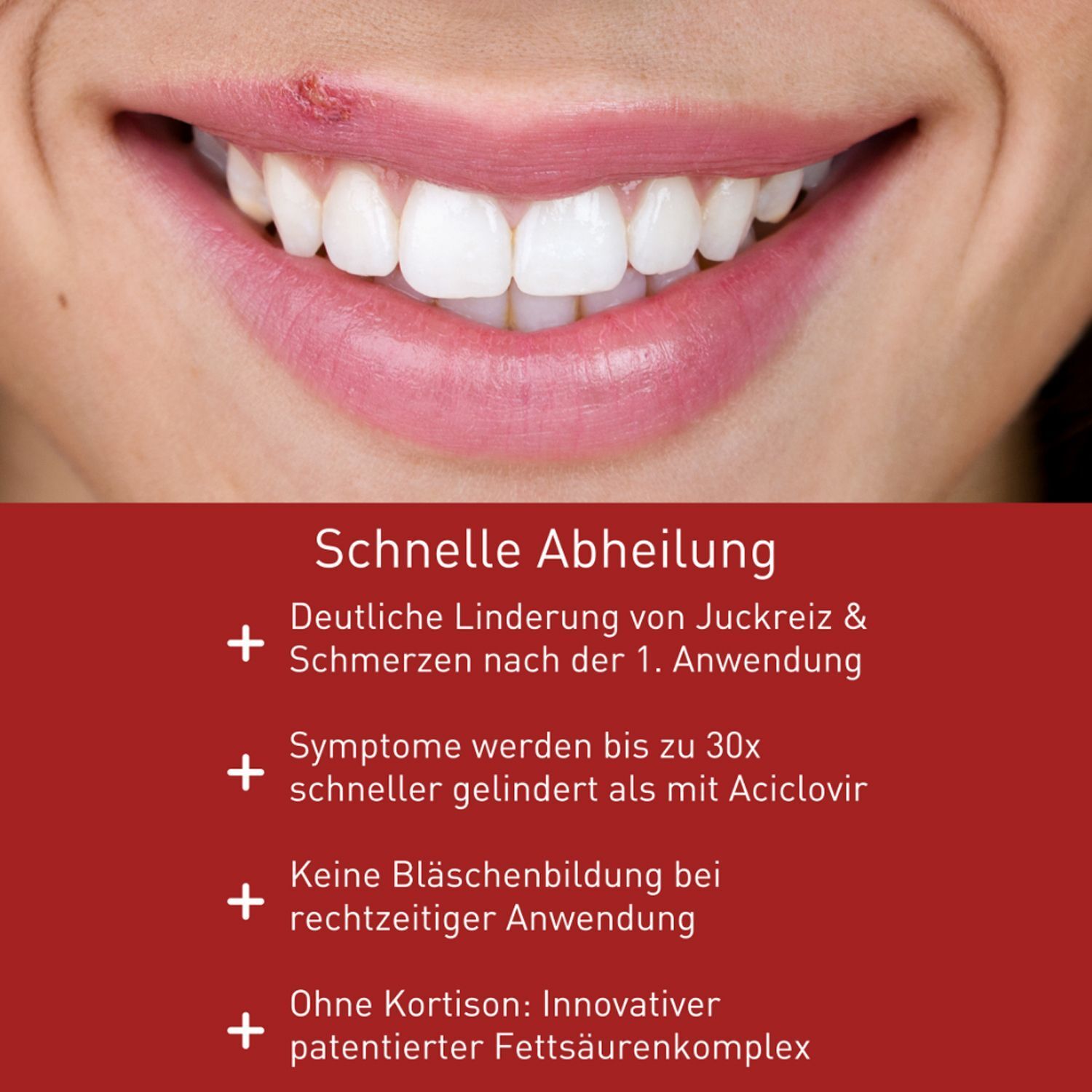 Nahaufnahme eines Mundes mit Lippenherpes. Text über schnelle Linderung und Vorteile.