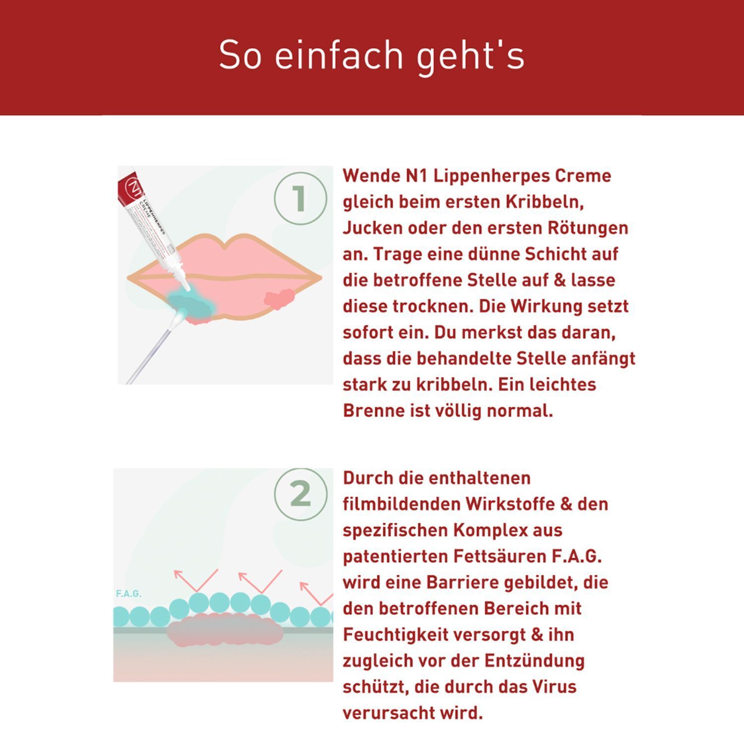 Anleitung zur Anwendung von N1 Lippenherpes Creme. Illustrationen zeigen die Schritte.