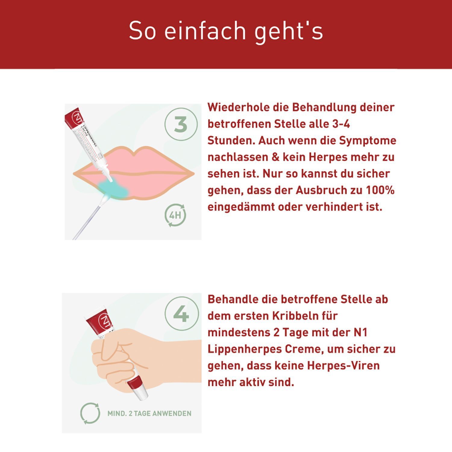 Fortsetzung der Anleitung zur Anwendung von N1 Lippenherpes Creme. Weitere Schritte.