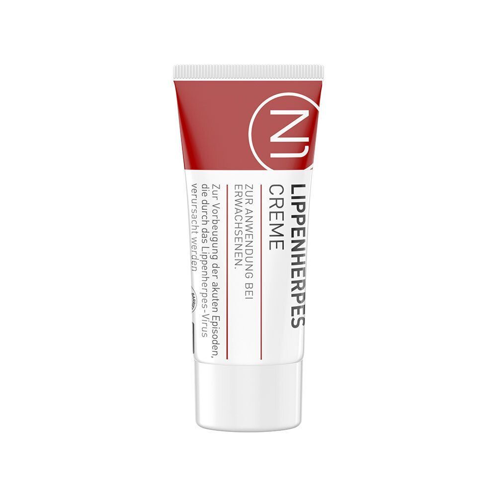 Tube N1 Lippenherpes Creme. Rote und weiße Tube mit Produktinformationen.