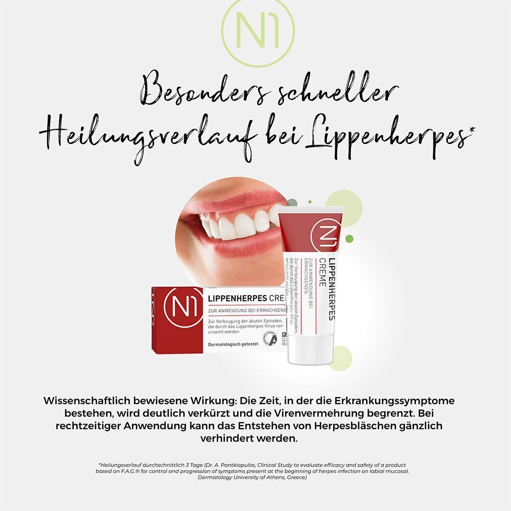 Werbung für N1 Lippenherpes Creme. Produktabbildung und Text über schnellen Heilungsverlauf.