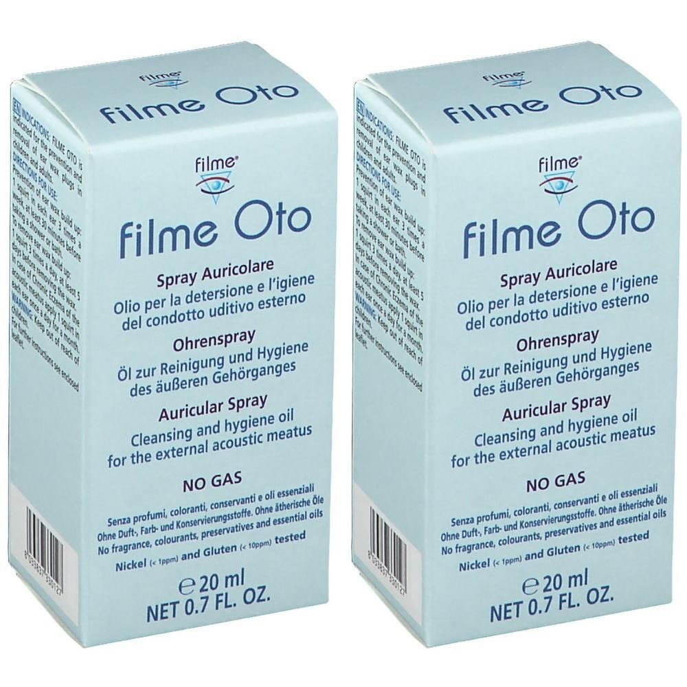 Zwei hellblaue Kartons mit Produktaufdruck. Aufschrift: Filme Oto, Ohrenspray. Enthält 20 ml.