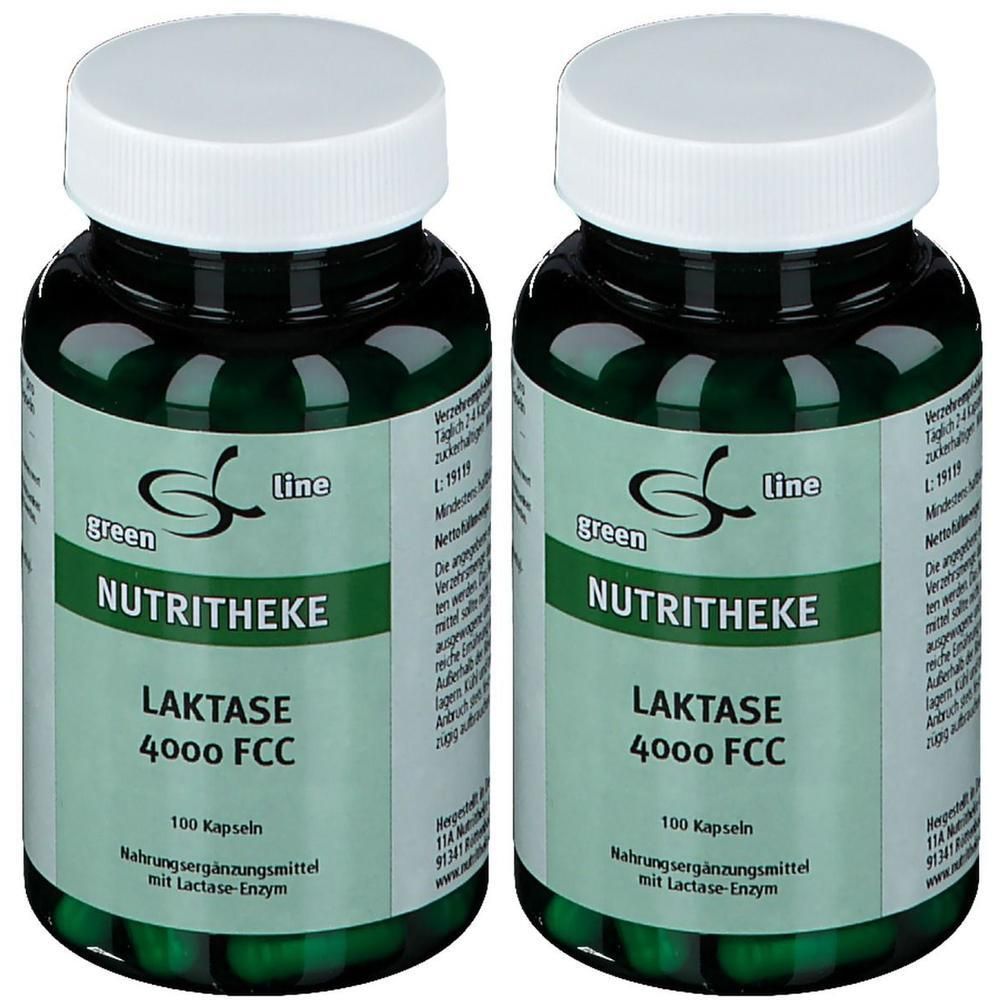 Zwei grüne Flaschen mit weißen Deckeln. Aufschrift: NUTRITHEKE Laktase 4000 FCC, 100 Kapseln. Nahrungsergänzungsmittel mit Lactase-Enzym.