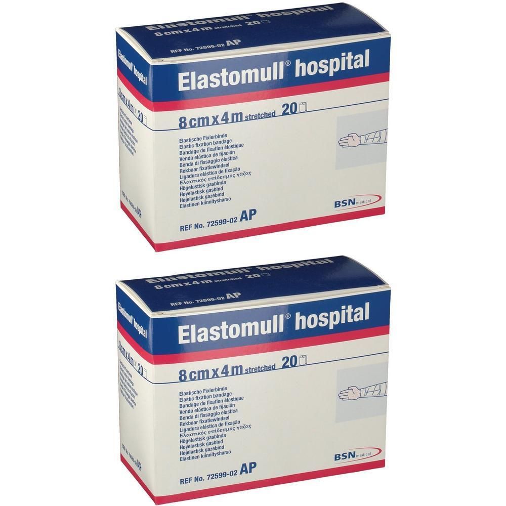 Zwei Kartons Elastomull® hospital, 8 cm x 4 m. Blaue und weiße Verpackung mit Produktnamen und Größenangabe.