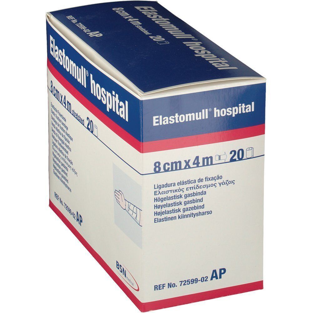 Elastomull® hospital-Verpackung, 8 cm x 4 m. Blaue und weiße Schachtel mit Produktinformationen und Illustration.