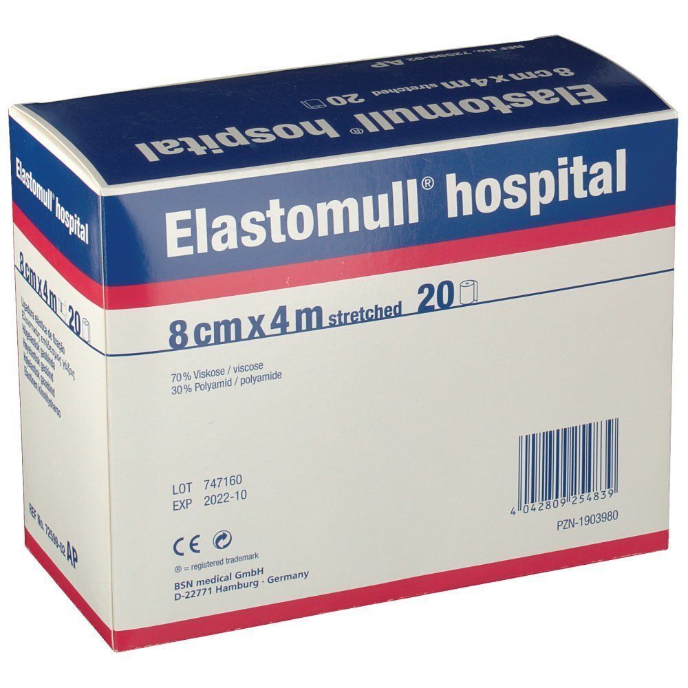 Elastomull® hospital-Verpackung, 8 cm x 4 m. Blaue und weiße Schachtel mit Produktinformationen und Text.