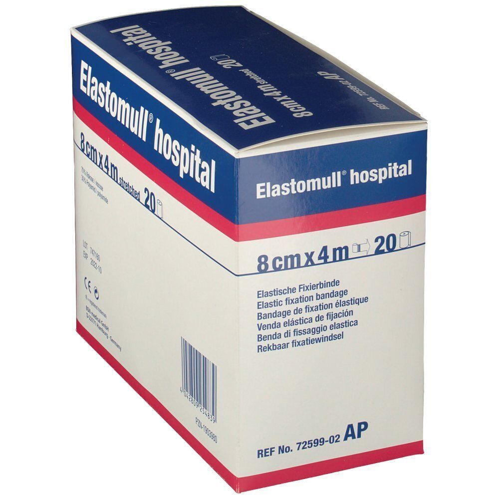 Elastomull® hospital-Verpackung, 8 cm x 4 m. Blaue und weiße Schachtel mit Produktinformationen und Text.