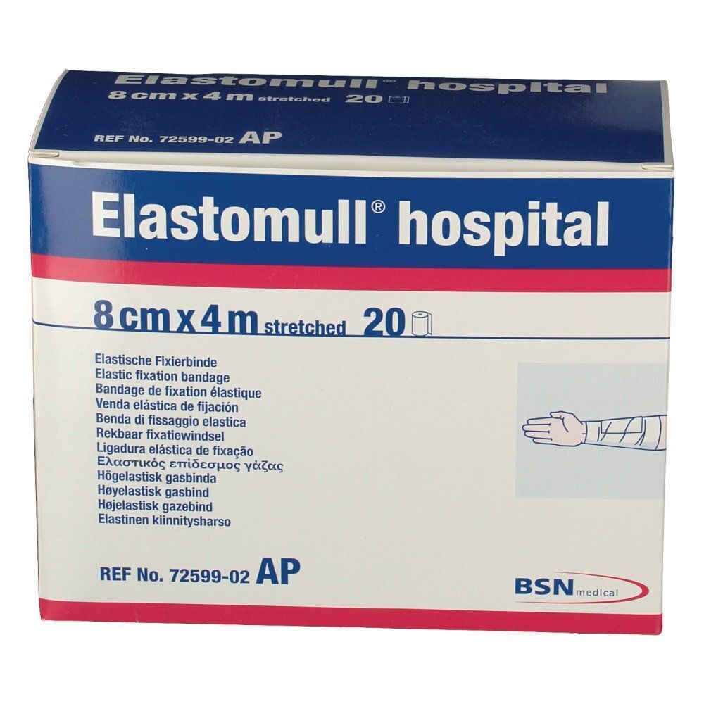 Elastomull® hospital-Verpackung, 8 cm x 4 m. Blaue und weiße Schachtel mit Produktinformationen und Illustration.