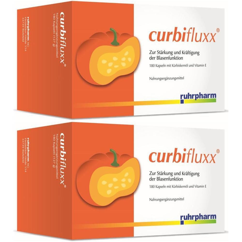 Zwei orangefarbene Kartons mit dem Produktnamen curbifluxx und einer Kürbis-Illustration. Text: Zur Stärkung der Blasenfunktion.