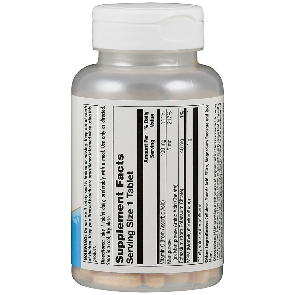 Rückseite einer Flasche mit weißen Deckel. Etikett mit Nährwertangaben. Inhaltsstoffe: Vitamin C, Mangan, MSM.