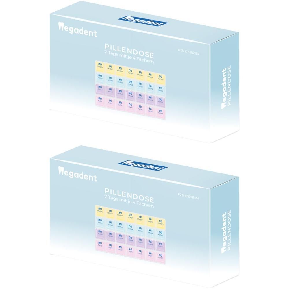 Zwei Packungen Pillendose 7 Tage + 4 Fächer. Hellblaue Kartons mit Produktinformationen und dem Logo von Wegadent.