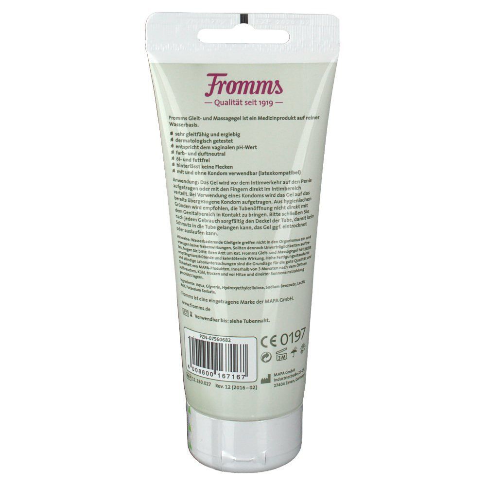 Rückseite einer Tube Gleit- und Massagegel. Text mit Produktinformationen, Barcode und CE-Kennzeichnung.