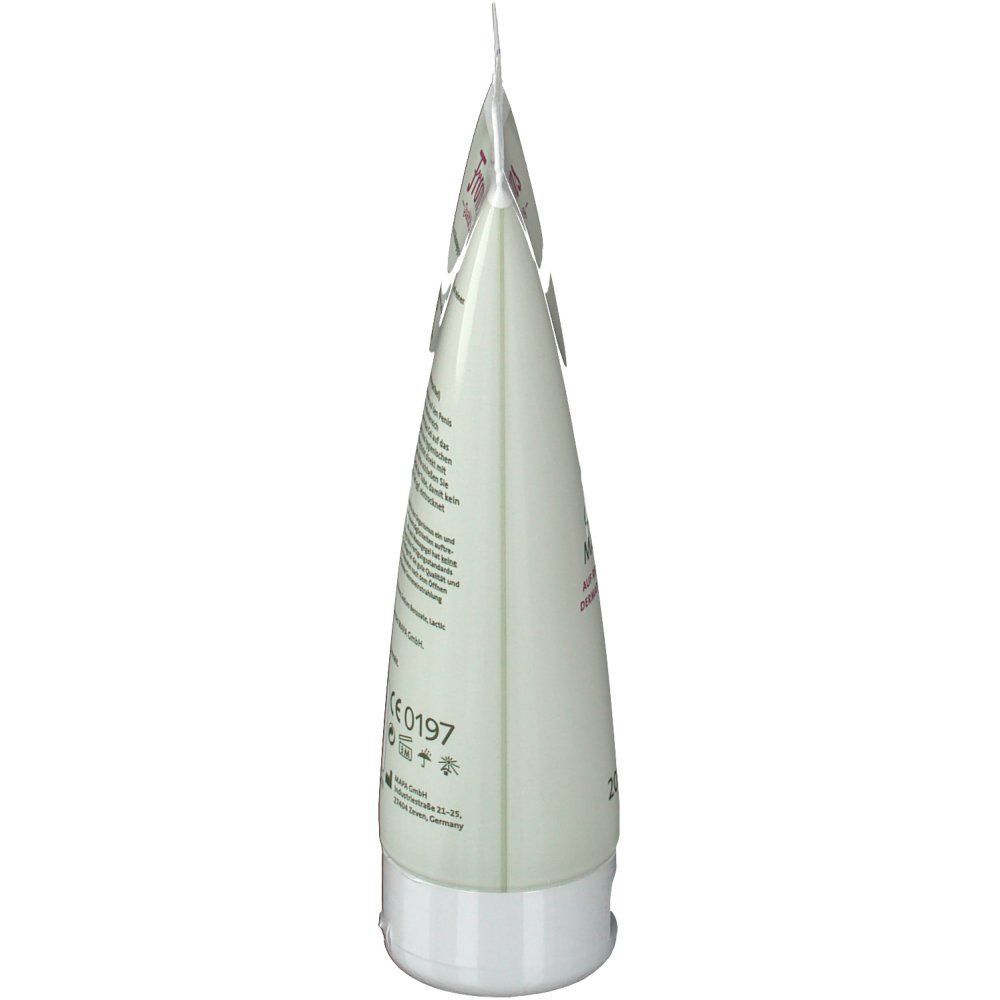 Seitenansicht einer Tube Gleit- und Massagegel. Weiß-grüne Verpackung mit Produktinformationen und CE-Kennzeichnung.