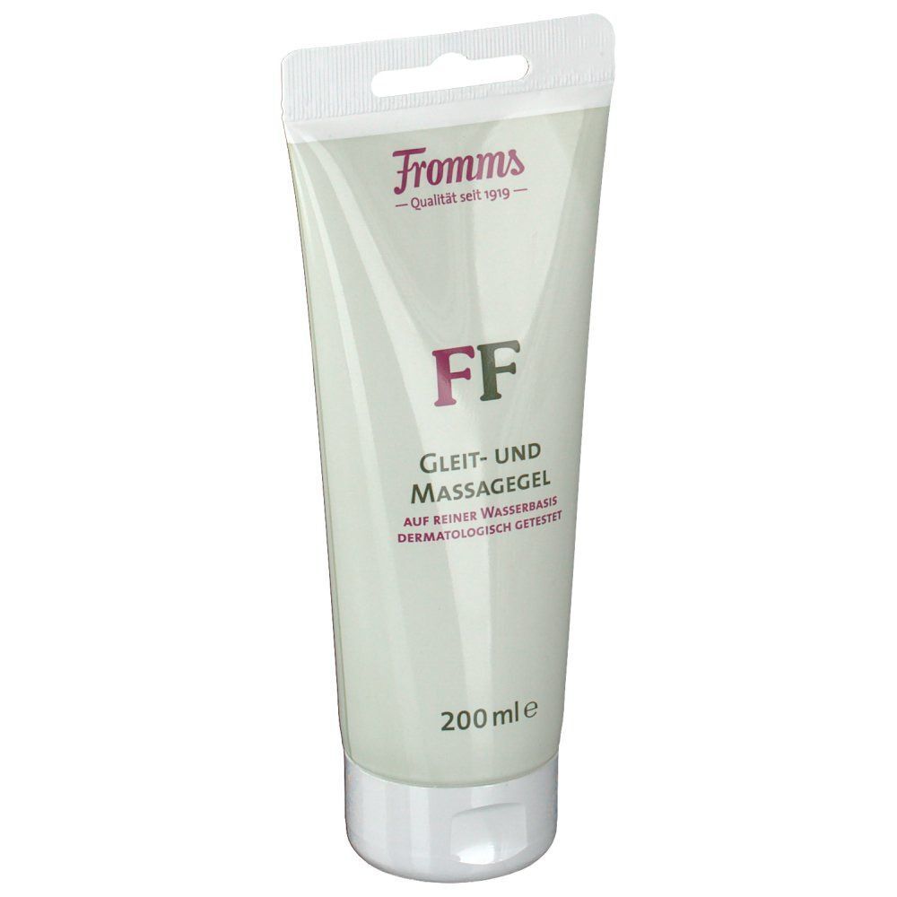 Tube Gleit- und Massagegel. Weiß-grüne Verpackung mit Markenlogo, Produktbezeichnung und 200 ml Angabe.