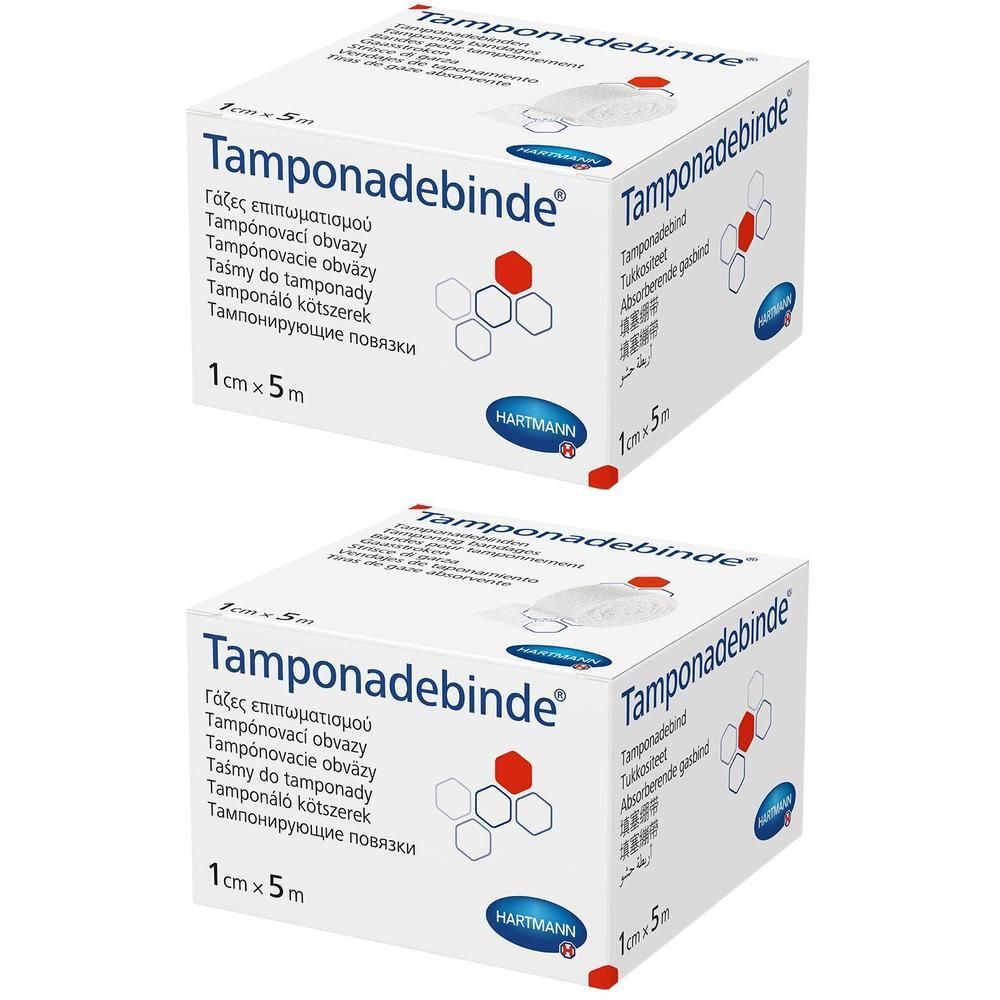 Zwei Kartons Tamponadebinde 1 cm x 5 m steril. Aufdruck: Hartmann. Mehrsprachige Produktinformationen.