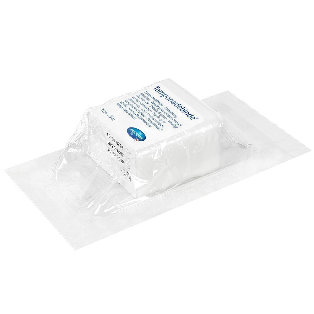 Verpackte Tamponadebinde 1 cm x 5 m steril. In transparenter Folie. Aufdruck: Tamponadebinde, Hartmann.
