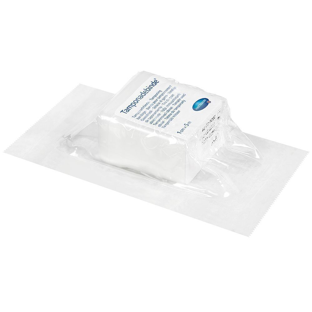 Verpackte Tamponadebinde 1 cm x 5 m steril. In transparenter Folie. Aufdruck: Tamponadebinde, Hartmann.