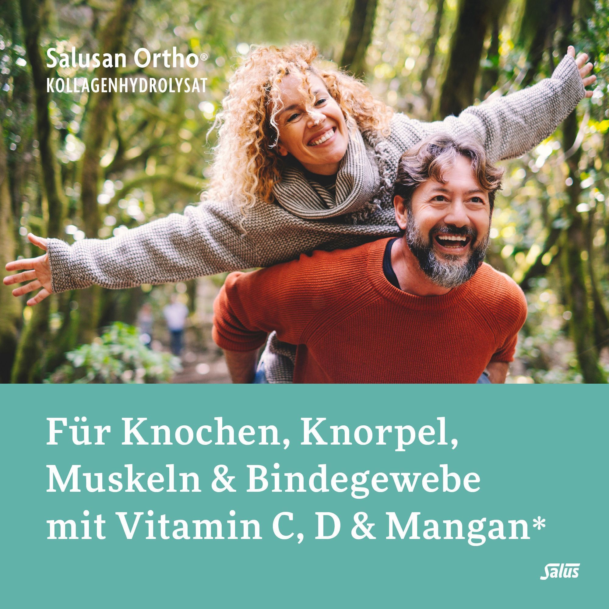 Ein Mann trägt eine Frau auf dem Rücken. Text: Für Knochen, Knorpel, Muskeln & Bindegewebe mit Vitamin C, D & Mangan.