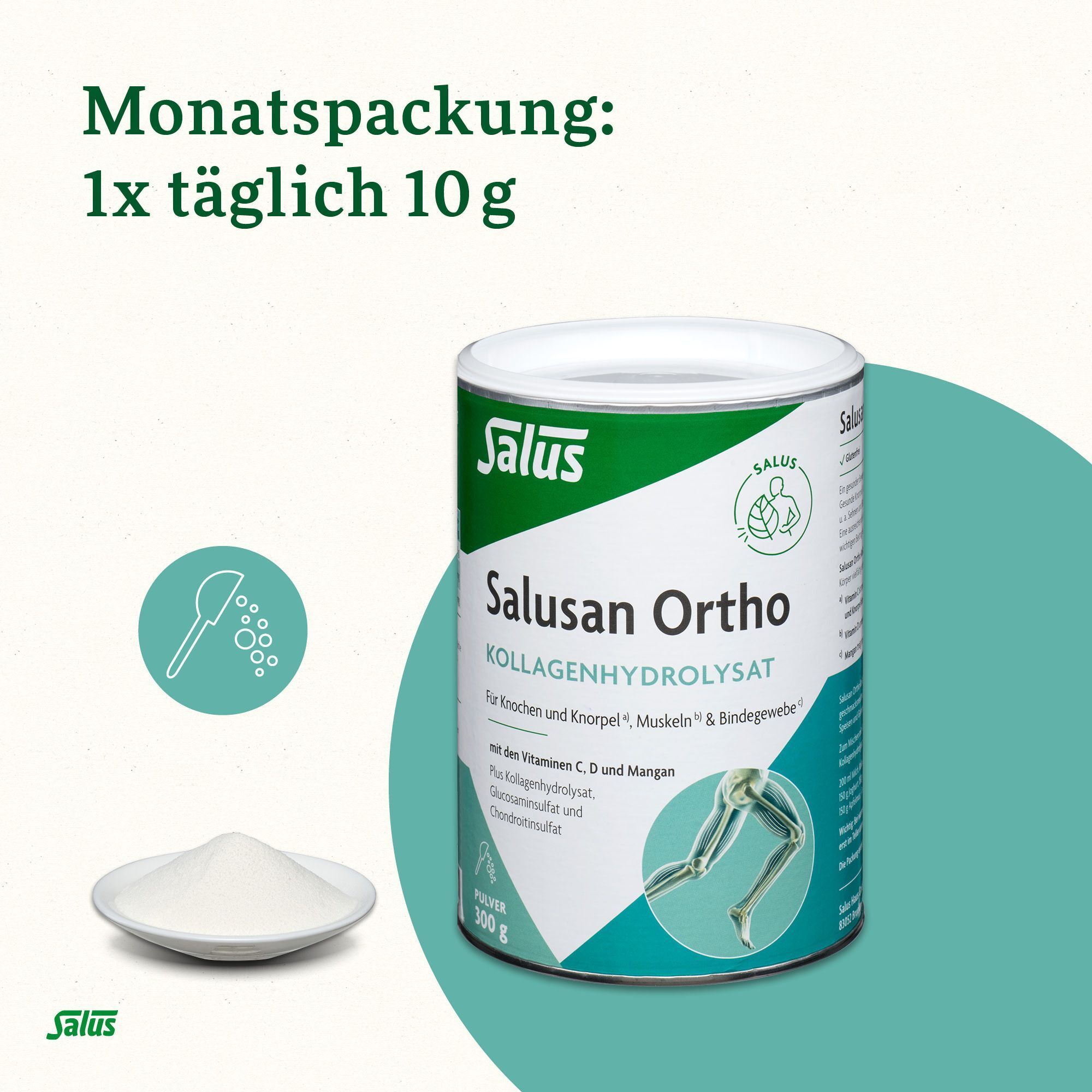 Dose Salusan Ortho Kollagenhydrolysat-Pulver, daneben Pulver auf einem Teller und ein Messlöffel. Text: Monatspackung: 1x täglich 10 g.