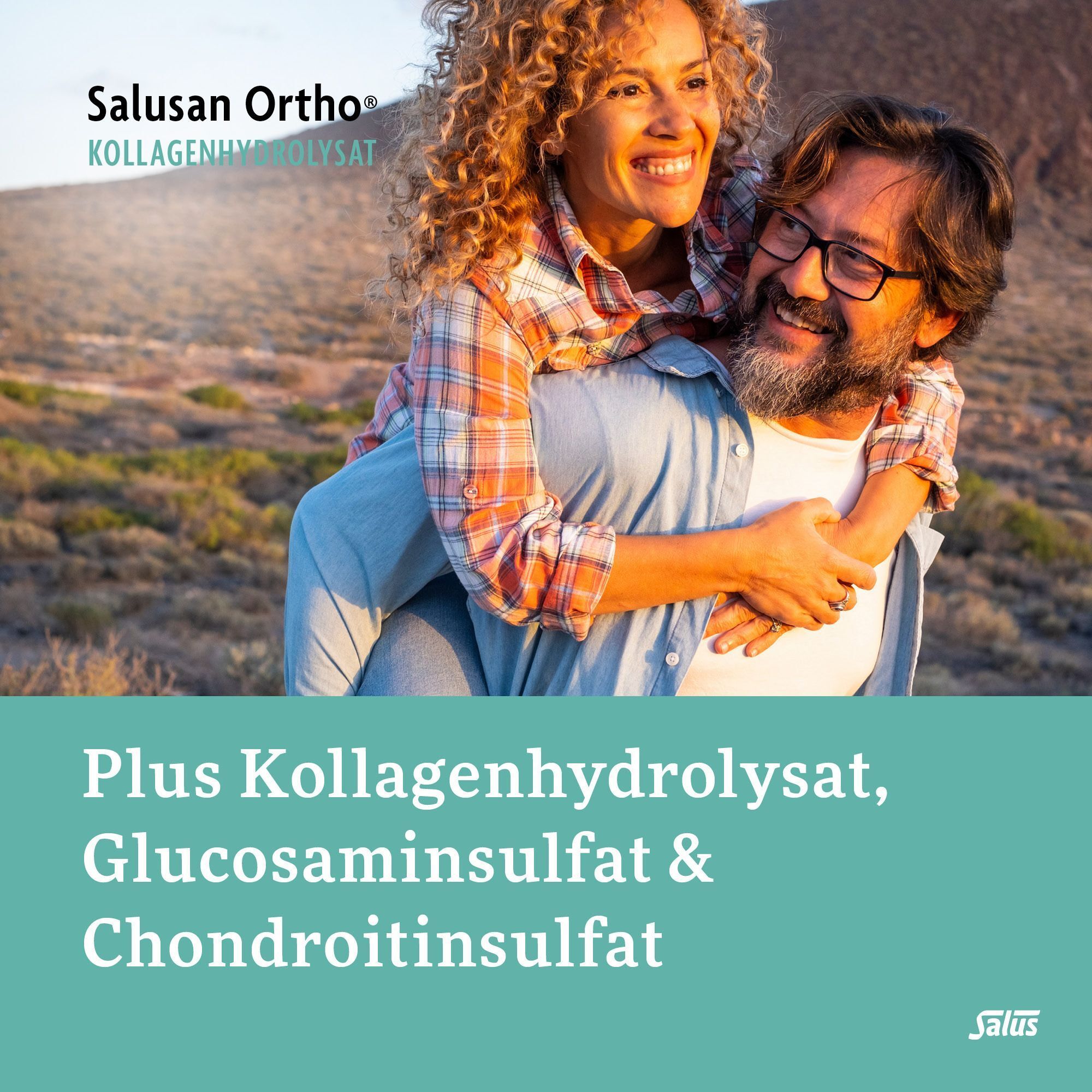 Ein Mann trägt eine Frau auf dem Rücken. Text: Plus Kollagenhydrolysat, Glucosaminsulfat & Chondroitinsulfat.