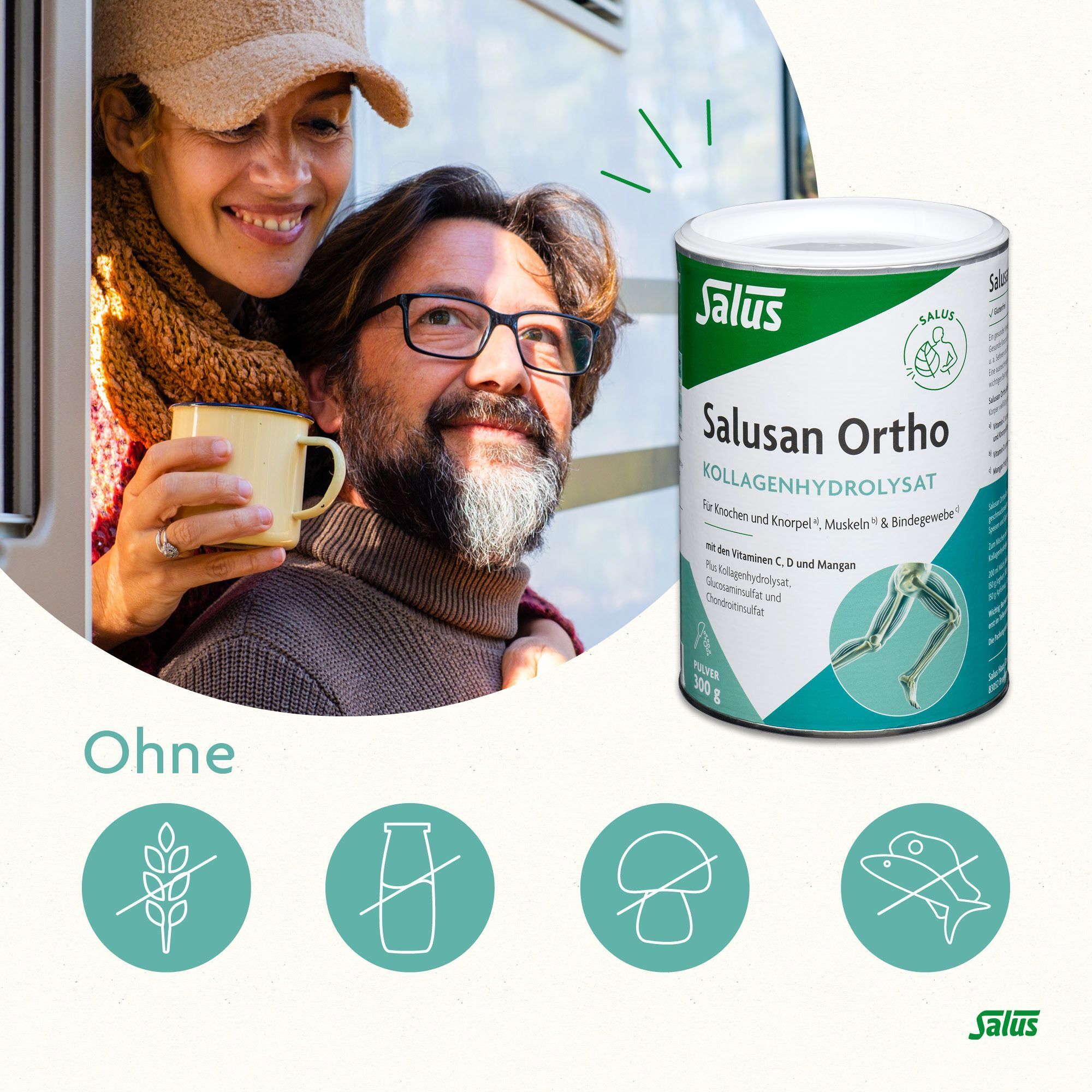 Ein Mann und eine Frau. Icons: Ohne Gluten, Milch, Pilze, Fisch. Dose Salusan Ortho Kollagenhydrolysat.